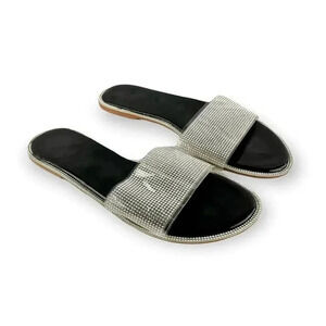 Rhinestone Clear One Band Slip On Sandals Flats Sz 10.5 EU 43‎
